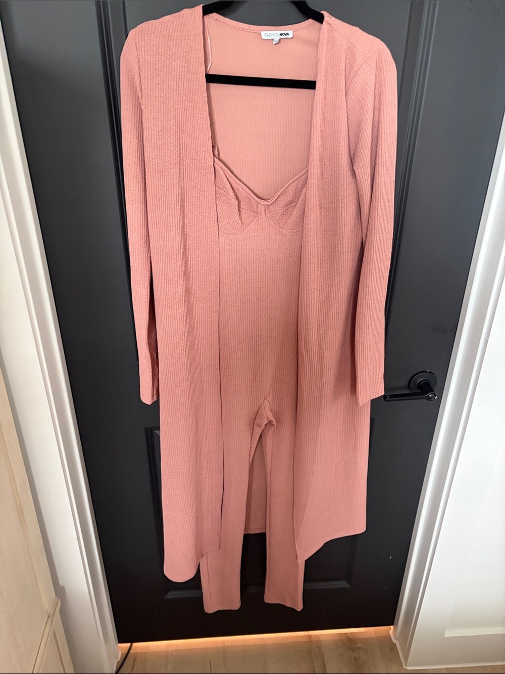 Fashion Nova Dusty Rose Ribbed Jumpsuit & Duster Set